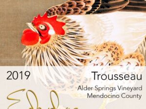 Edaphos Alder Springs Vineyard Trousseau 2019 label; A rectangular tan coloured label with a picture of a cockerel.