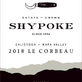 Shypoke Charbono 2018; A white rectangular label with black text. Towards the top an image of a gardener's harvesting sickle. Across the bottom black and grey image of mountain ranges.