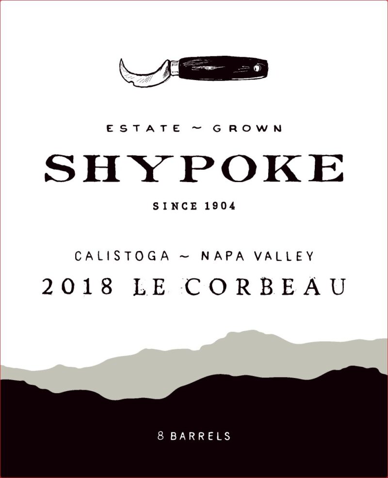 Shypoke Charbono 2018; A white rectangular label with black text. Towards the top an image of a gardener's harvesting sickle. Across the bottom black and grey image of mountain ranges.