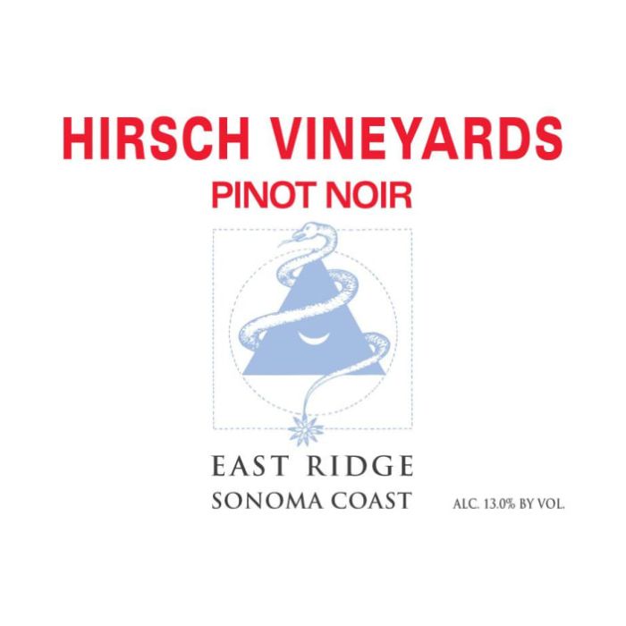 Hirsch East Ridge 2014; a white square label with red text at the top, and a triangle with a snake coiled around it.