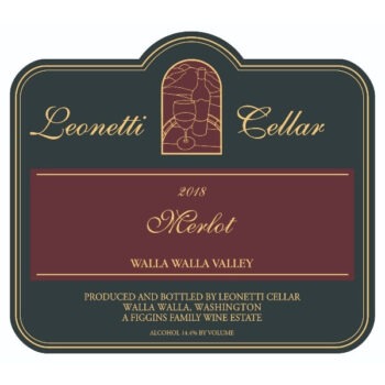 Leonetti Merlot 2018 label; A black rectangular label with a gold border. A central maroon stripe with gold text. A small gold bordered maroon 'stained window' above with a gold line drawing of a bottle and glass with gold text to each side and below the central bar.