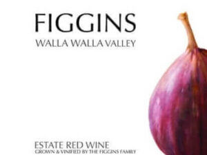 Figgins Estate 2016 label; Plain white square label, black text, and an image of half a fig on the right hand side of the label