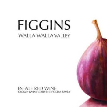 Figgins Estate 2016 label; Plain white square label, black text, and an image of half a fig on the right hand side of the label