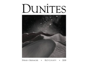 Dunites SLO Coast Syrah-Grenache 2017; Rectangular white label with black text above and below an internal rectangle showing a night scene of sand dunes and sea