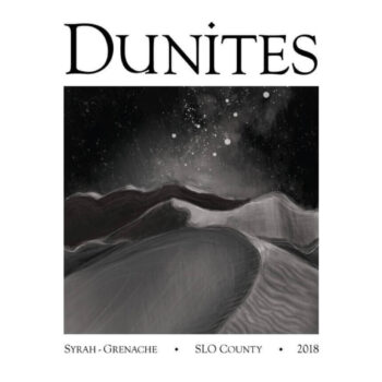 Dunites SLO Coast Syrah-Grenache 2017; Rectangular white label with black text above and below an internal rectangle showing a night scene of sand dunes and sea