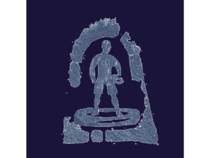 Fine Disregard Atlas Piedras Grenache Alexander Valley 2018; A dark blue square label with a light blue design showing the figure of a man standing in a circle with an arch above him that could possibly represent the entrance to a cave