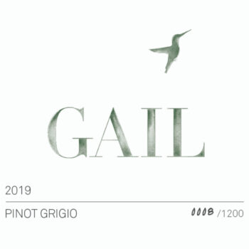 GAIL Deering Cabernet Sauvignon 2018label GAIL Pickberry Merlot 2018 label: A simple white rectangular label showing a humming bird in silhouette hovering above dark text