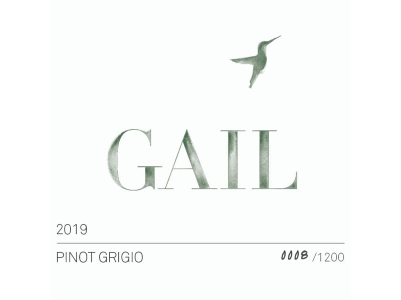 GAIL Deering Cabernet Sauvignon 2018label GAIL Pickberry Merlot 2018 label: A simple white rectangular label showing a humming bird in silhouette hovering above dark text