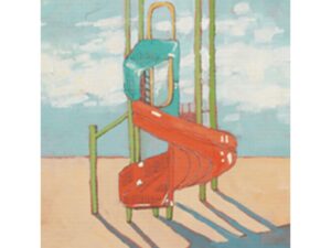 Hatton Daniels RBD Mokelumne Glen; a rectangular label with a square insert of a blue and red spiral slide on a beach with sea and sky.