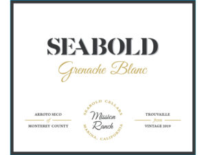 Seabold Grenache Blanc 2019; A black bordered white rectangular label. Black and gold text towards the top. Two lines of black text towards the bottom, divided horizontally by a gold separator. The text is separated further by a circle of gold text in the middle, with more grey text inside the circle.