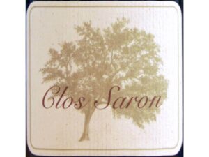 Clos Saron; Square label, beige fading to white, with dark blue border.Darker beige tree silhouette, brown script.
