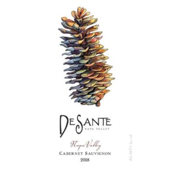 DeSante Cabernet Sauvignon 2018;Pine cone on a square label with a white background and black script text