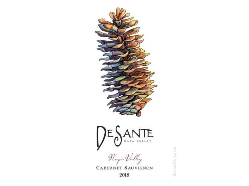 DeSante Cabernet Sauvignon 2018;Pine cone on a square label with a white background and black script text