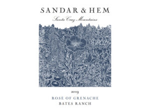 Bates Ranch Rosé 2019; monotone abstract flower picture. Sandar & Hem vineyard, black text on white