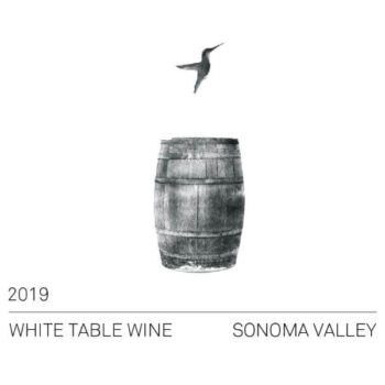 DORIS White Table Wine 2018; White, square, rectangular label showing a wooden wine cask with the silhouette of a bird in flight above, Black text.