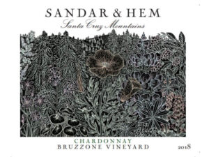 Sandar & Hem Bruzzone Chardonnay 2018; A rectangular label with a white background. Complex floral scene, mainly black line drawing with some brownish tones. Dark text top and bottom.