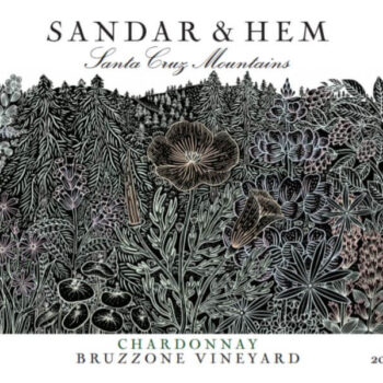Sandar & Hem Bruzzone Chardonnay 2018; A rectangular label with a white background. Complex floral scene, mainly black line drawing with some brownish tones. Dark text top and bottom.