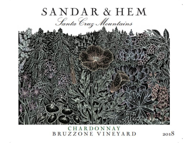 Sandar & Hem Bruzzone Chardonnay 2018; A rectangular label with a white background. Complex floral scene, mainly black line drawing with some brownish tones. Dark text top and bottom.