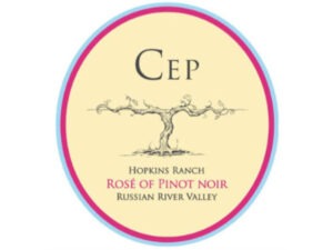 CEP Hopkins Ranch Rosé Pinot Noir 2020;An oval beige label with pink border, with black line drawing of a grapevine and text in black & pink