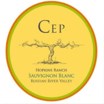 Cep Hopkins Ranch Sauvignon Blanc 2020; Oval yellow label with pink & green border, with a line drawing of a grape vine, with blue & black text