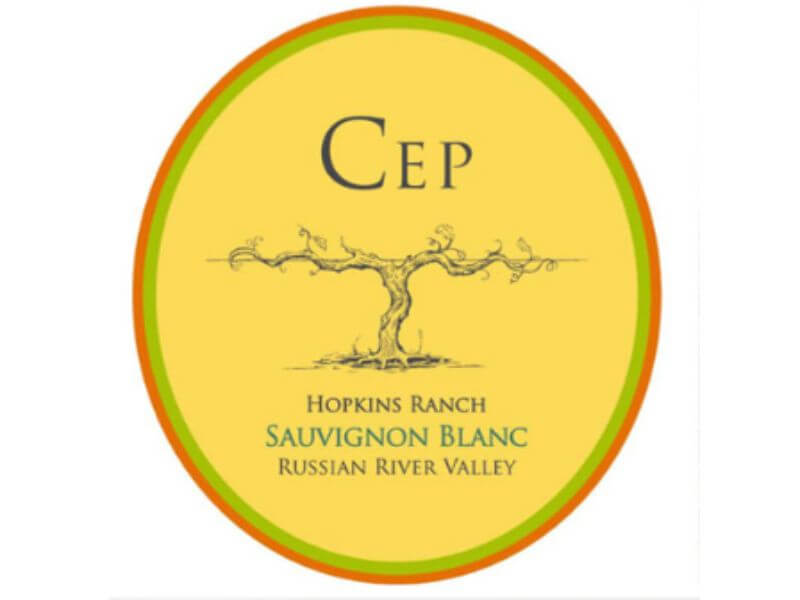 Cep Hopkins Ranch Sauvignon Blanc 2020; Oval yellow label with pink & green border, with a line drawing of a grape vine, with blue & black text