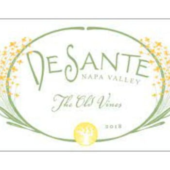 DeSante Old Vines White Field Blend 2018;Rectangular white label with fine black border and green text contained within a yellow and green floral oval