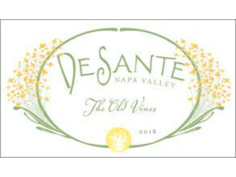 DeSante Old Vines White Field Blend 2018;Rectangular white label with fine black border and green text contained within a yellow and green floral oval