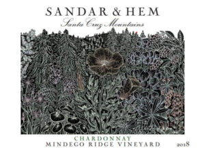 Sandar & Hem Mindego Ridge Chardonnay 2018; A rectangular label with a white background. Complex floral scene, mainly black line drawing with some brownish tones. Dark text top and bottom.