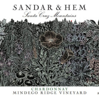 Sandar & Hem Mindego Ridge Chardonnay 2018; A rectangular label with a white background. Complex floral scene, mainly black line drawing with some brownish tones. Dark text top and bottom.