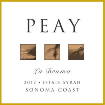 Peay Bruma Syrah 2018; A gold bordered square white label with dark text top and bottom, with three small square sepia pictures featuring vineyard scenery in a row across the middle.