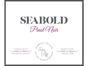 Seabold Eden Drift Pinot Noir 2018; A black bordered white rectangular label. Dark grey and purple text towards the top. Two lines of grey text towards the bottom, divided horizontally by a purple separator. The text is separated further by a circle of grey text in the middle, with more grey text inside the circle.