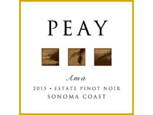 Peay Ama Estate Pinot Noir 2018; A gold bordered square white label with dark text above and below three small inset squares showing vineyard scenery in sepia colours.