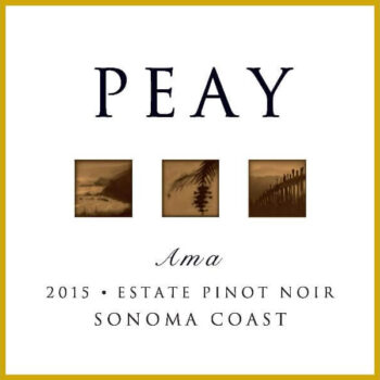 Peay Ama Estate Pinot Noir 2018; A gold bordered square white label with dark text above and below three small inset squares showing vineyard scenery in sepia colours.