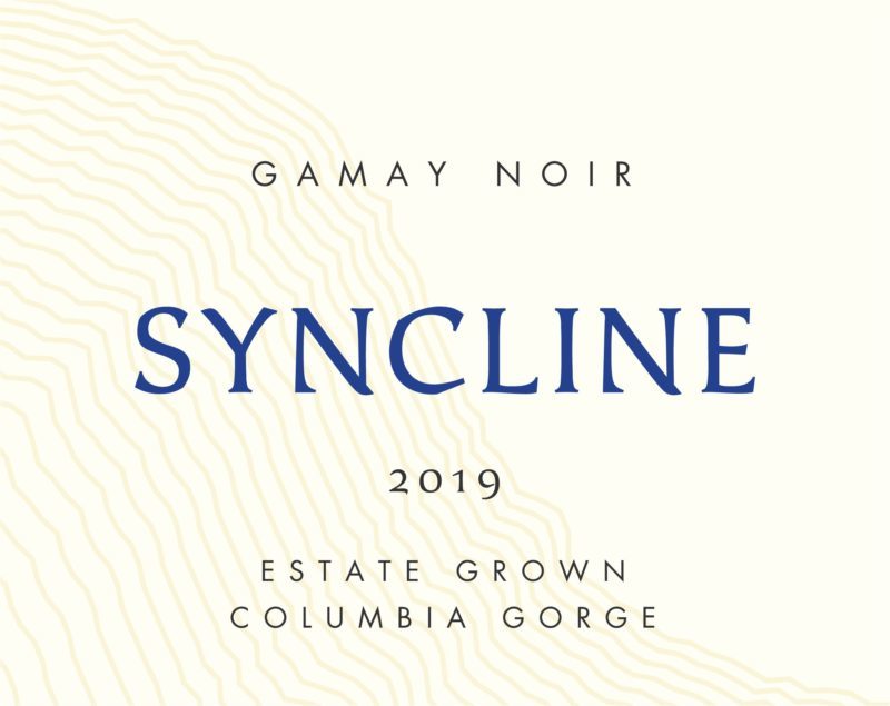 Syncline Gamay Noir 2019; Rectangular cream coloured label, mainly black text, 'Syncline' across the middle in deep blue