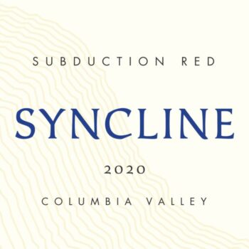 Syncline Subduction 2019; A white rectangular label overlaid with yellow wavy lines. Mainly black text, with 'Syncline' across the middle in deep blue