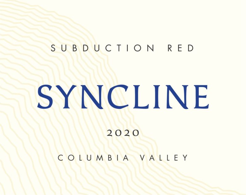 Syncline Subduction 2019; A white rectangular label overlaid with yellow wavy lines. Mainly black text, with 'Syncline' across the middle in deep blue