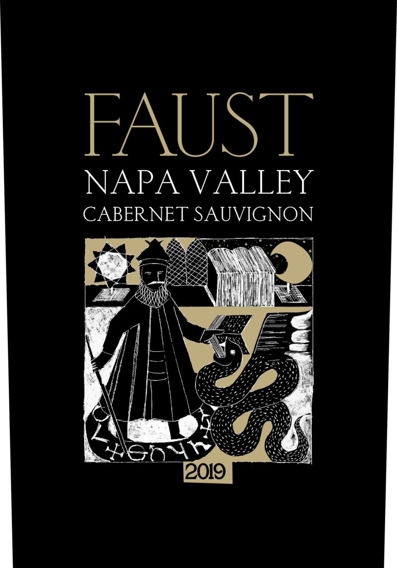 Faust 2019; Large black rectangular label with gold text in the top third. Beneath the text is a square monochrome drawing, on a gold background, of a medieval character with a staff in the right hand, and a book in the left. The book is being devoured by a serpent