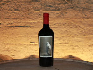 el Coco 2019; An oblong label showing a bottle of wine standing on a barrel top in the foreground, with more barrels beyond, against a sun kissed brick wall