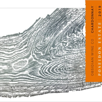 Obsidian Poseidon Vineyard Chardonnay 2019; A white rectangular label with a black and white line drawing of a cross section through wood. A narrow orange rectangle with black and white text is set perpendicularly into the top two thirds on the right hand side.