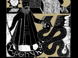 Faust 2019; Large black label with gold text in the top third. Beneath the text is a square monochrome drawing, on a gold background, of a medieval character with a staff in the right hand, and a book in the left. The book is being devoured by a serpent