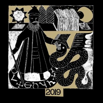 Faust 2019; Large black label with gold text in the top third. Beneath the text is a square monochrome drawing, on a gold background, of a medieval character with a staff in the right hand, and a book in the left. The book is being devoured by a serpent