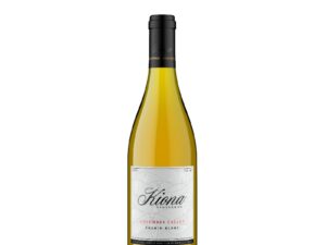 Kiona Chenin Blanc Columbia Valley 2020; A white rectangular label with a black inside gold border.Black and red text overlying a black line drawing of hills.