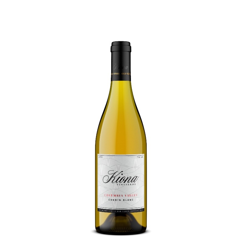 Kiona Chenin Blanc Columbia Valley 2020; A white rectangular label with a black inside gold border.Black and red text overlying a black line drawing of hills.