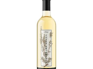 Kiona Artemisia White Field Blend 2019; Very long rectangular label with a dark border, black text with vertical orientation overlaying a brown coloured plant sprig.