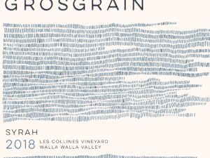 Grosgrain Les Collines Syrah 2018 label; A beige label with wavy horizontal stripes of various lengths, all beginning on the left.