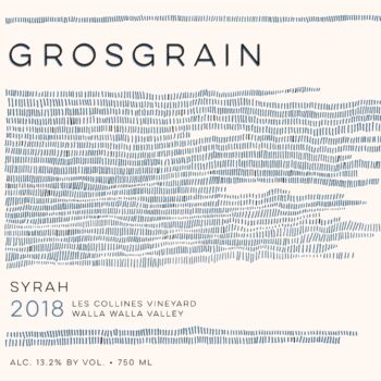 Grosgrain Les Collines Syrah 2018 label; A beige label with wavy horizontal stripes of various lengths, all beginning on the left.
